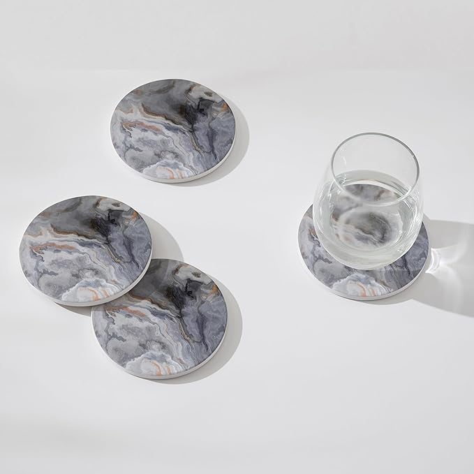 Set of 6 Abstract Dark Blue Marble Coasters with Holder, Absorbent Ceramic Coasters for Drinks, Coasters with Cork Backing for Table Protection, Housewarming Gifts for New Home
