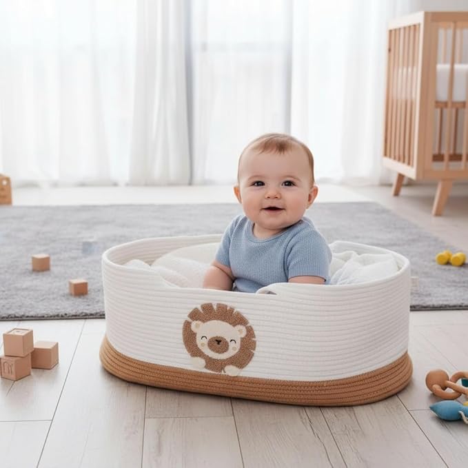 Portable Foldable Basket with Handles, Sturdy Woven Cotton Rope Crate for Daily Organization, Baby Bedside Sleeper, Outings, Pet Nest 27.56 × 15.75in