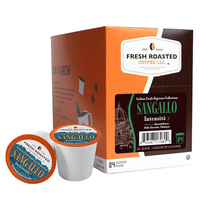 Fresh Roasted Coffee, Sangallo Italian Craft Artisan Blend, Dark Roast, Kosher, 24 Pods for K cup Brewers