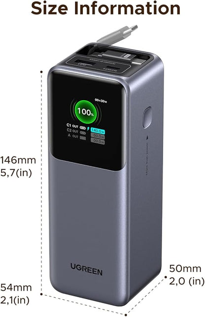 UGREEN Nexode Power Bank 20000mAh 165W with Built-in USB C Cable Laptop Travel Portable Charger, 100W Input, Fast Charging for MacBook Pro/Air/iPhone 17/16/iPad Pro/Galaxy S25 Ultra/Dell/HP and More