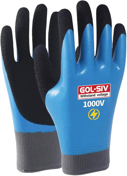 Electrician Gloves 1000V High Voltage,Double Insulated Electrical Gloves For Men,Rubber Safety Work Gloves (Blue,Large)