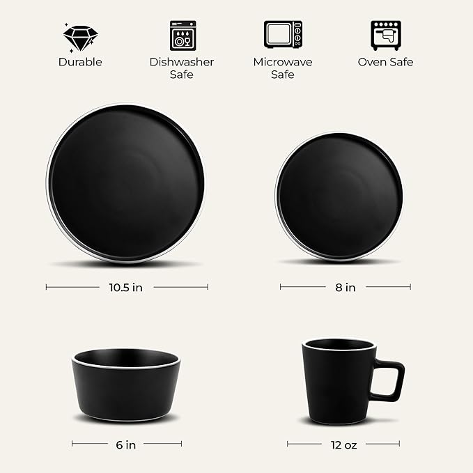 Zulay Kitchen Terra Stoneware Dinnerware Set, Artisanal Ceramic Plates and Bowls Set Crafted at 2300℉ - Service for 4, Black Matte with White Rim