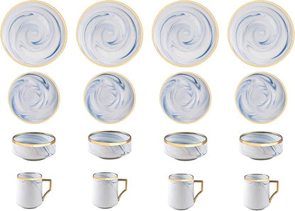 16 Piece Plates and Bowls Sets, Fine China Artisan Marbled Dinner Set for 4, Dishwahser Safe, Scratch Resistant, Blue with Gold Line
