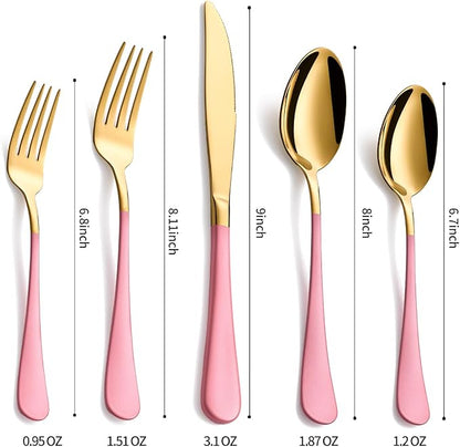 20-Pieces Gold and Pink Silverware Sets for 4,Pink Handle Stainless Steel Cutlery Set, Include Forks Spoons and Knives Set, Dishwasher Safe Utensil Sets for Home Restaurant