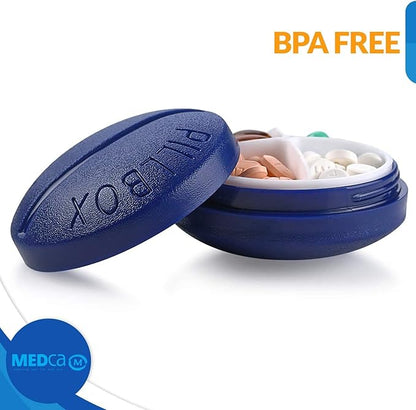 Pill Box Round for Travel - Mini Compact Portable 4 Compartment Pills Case Organizer, Vitamin and Medication Dispenser Holder for Up to 4 Times A Day, BPA Free Pill Reminder by MEDca