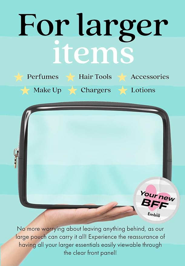 Clear Makeup Bag Zipper Pouch, Transparent Cosmetic Case Organizer, TSA Approved Travel Toiletry Case, Travel Accessories Essentials Makeup Tote for Women, Large Cute Make up Bag for Purse - Black
