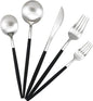 Gugrida Black Handle Matte Silver Silverware Set - 5-Piece 18/10 Stainless Steel Satin Finish Flatware, Kitchen Utensils, Tableware Travel Cutlery for Camping Office Lunch - Dishwasher Safe