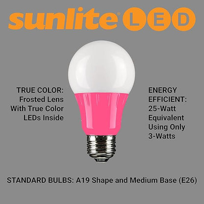 Sunlite 40453 LED A19 Colored Light Bulb, 3 Watts (25w Equivalent), E26 Medium Base, Non-Dimmable, UL Listed, Party Decoration, Holiday Lighting, 3 Count, Pink