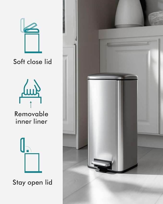 8 Gallon SquareTrash Can with Soft Close Lid, Stainless Steel Trash Can with Removal Inner Bucket, Hand -Free Trash Bin for Kitchen, Office, Laundry, Bathroom, 30 Liter Capacity, Silver