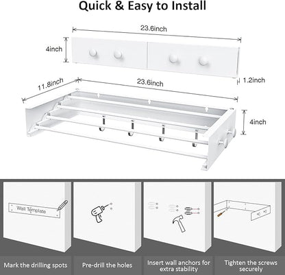 Drying Rack Clothing,Clothes Drying Rack Wall Mounted,Laundry Drying Rack Wall Mount,Foldable,Collapsible,60 lb Capacity 4 Aluminium Poles with 8 Hooks,Space Saving Clothes Drying Rack,White 23.6"