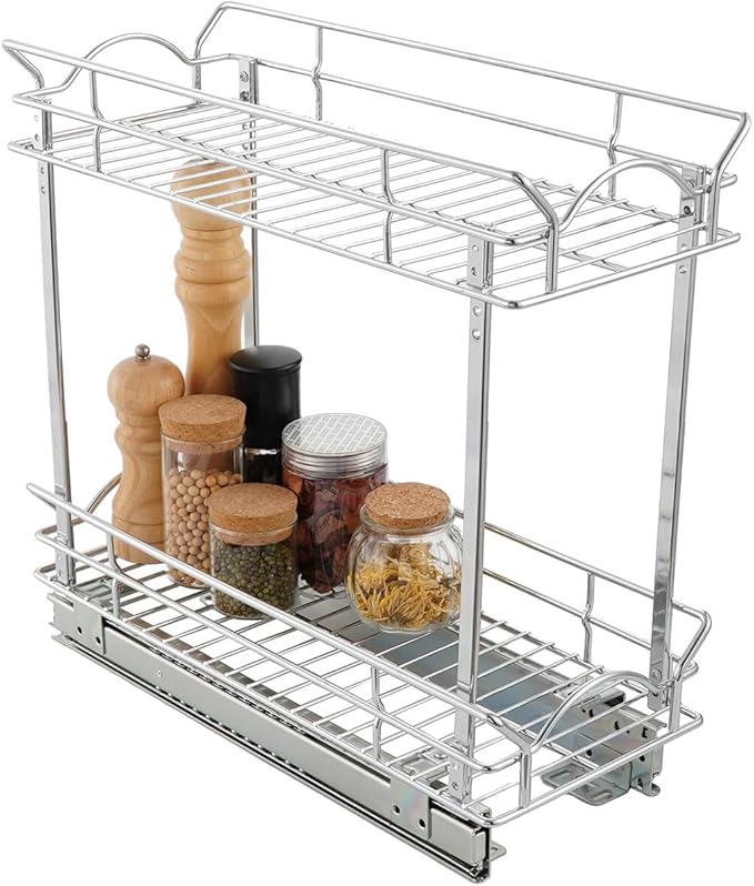 OCG Slide Out Cabinet Organizer for Narrow Cabinet (5" W X 17" D), 2 Tier Pull Out Shelves Slim Sliding Cabinet Organizer and Storage, Chrome