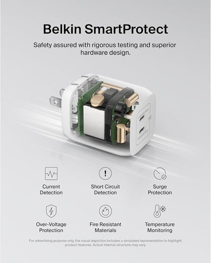 Belkin 65W Dual USB C Charger Block, Super Fast Charging PD3.0 w/ GaN Technology - Samsung Galaxy S25, Apple iPhone 17, Air, Pro, Pro Max, iPad, MacBook, AirPods, Nintendo Switch 2 & More - White