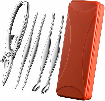 ACCUFINE Crab Crackers and Tools in Case Stainless Steel Set for Party Crab Scissors for Cutting the Shell Lobster Cracker and Tool Set Seafood Scissor Shrimp (silver)