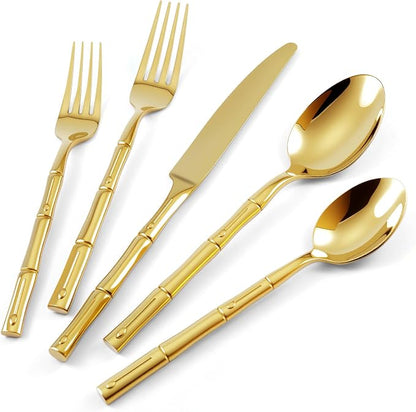 Gold Silverware Set 20-Piece Bamboo Pattern Service