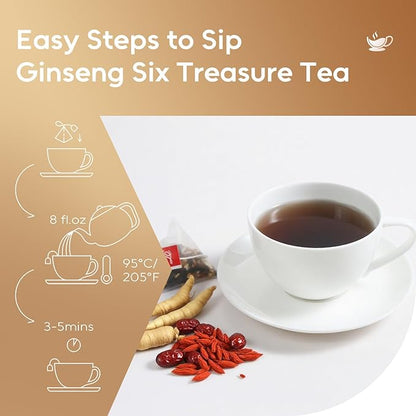 FullChea - Ginseng Six Treasure Tea, 30 Teabags, Traditional Chinese Herbal Blend for Kidney Health, Detox Tea With Ginseng, Mulberry, Huangjing, Maca, Goji Berry, Red Dates, Yam - Support Wellness