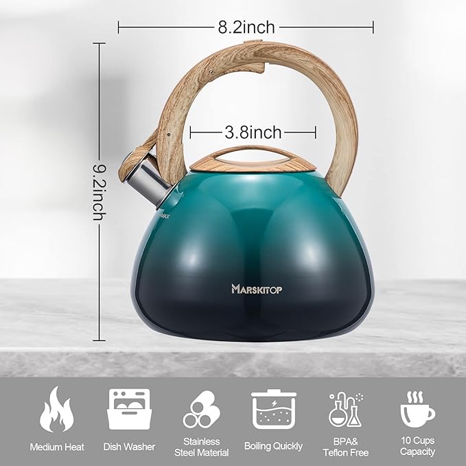MARSKITOP Whistling Tea Kettle for Stove Top 2.6 Quart, Food Grade Stainless Steel Teapot for Stovetop with Cool Touch Ergonomic Handle, Tea Pot for Stove Induction Cooktop, Green