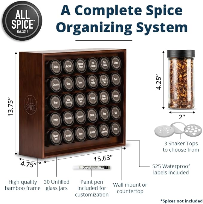 AllSpice Spice Rack Organizer, Wood, 525 Unique Labels, Countertop or Wall Mount, Includes 30 4oz Jars- Walnut Stain