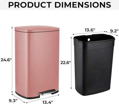 8 Gal Kitchen Trash Can, 30L Recycling or Garbage Bin, Brushed Stainless Steel Waste Basket, Soft&Quiet Close Dustbin, with Step-On Pedal, Removable Inner Bucket, for Home, Office, Living Room