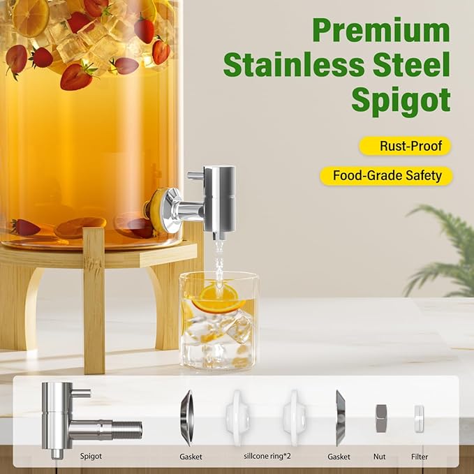 1.2 Gallon Glass Drink Dispenser For Parties, Beverage Dispenser With Bamboo Wood Stand And Stainless Steel Spigot, Countertop Water Dispenser, Lemonade Dispenser For Wedding, Picnic (1PACK)