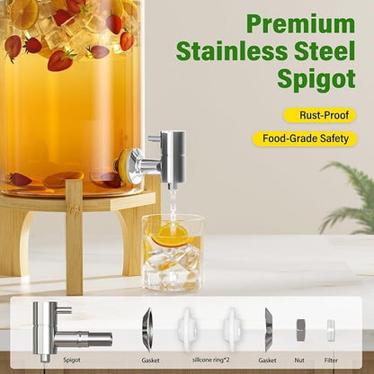 1.2 Gallon Glass Drink Dispenser For Parties, Beverage Dispenser With Bamboo Wood Stand And Stainless Steel Spigot, Countertop Water Dispenser, Lemonade Dispenser For Wedding, Picnic (1PACK)
