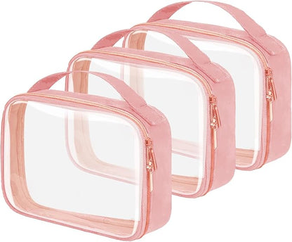 TSA Approved Travel Toiletry Bag,3 Pack Clear Makeup Bags with Handles,Quart Size Clear Cosmetic Bags for Traveling Women,Men,Carry on Airport Airline Compliant Bag,Pink