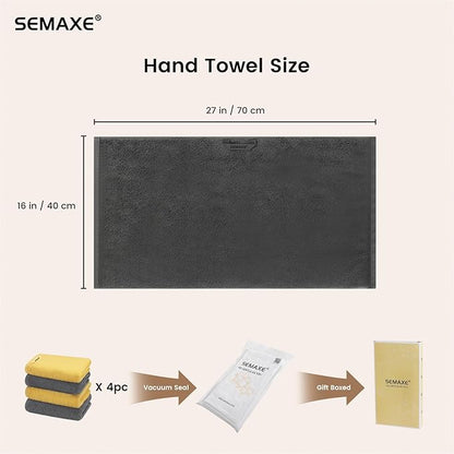 SEMAXE Hand Towels for Bathroom, 100% Cotton Towels with Hanging Loops, Soft and Absorbent, 4 Pack Hand Towel Set for Gym, Shower, Hotel, Spa and Kitchen, Yellow+Grey