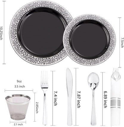 NOCCUR 210PCS Black and Silver Dinnerware Set for 30 Guests - Black Plastic Plates with Silver Rim Include 30 Dinner / 30 Dessert Plates, 30 Prewrapped Silverware, 30 Cups Ideal for Party/New Year