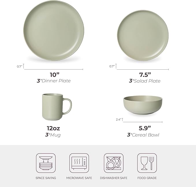 12-Piece Matte Green Dinnerware Set,Stoneware Dinnerware for 3, Microwave & Dishwasher Safe, Stackable Design for Kitchen and Dining - Plates,Bowls and Mugs