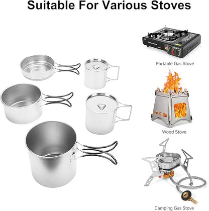 5PCS Stainless Steel Camping Cooking Set Cookware Mess Kit Cook Pots and Pan Set with Cups & Storage Bag, Lightweight Camping Cookware for Hiking Backpacking Outdoor Cooking and