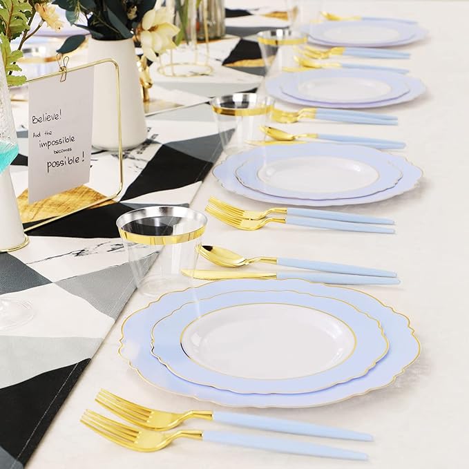 WDF 150pieces Baby Blue Plastic Plates with Gold Rim - Disposable Gold Plastic Silverware With Blue Handle-Baroque Light Blue&Gold Disposable Plates Dinnerware for Wedding/Party