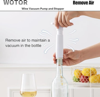 WOTOR Wine Saver Vacuum Pump with 4 Stoppers, Wine Stopper & Preserver, Reusable Bottle Sealer Keeps Fresh, Ideal Accessories Gift, Flat Handle (White)