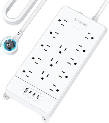 TROND 360° Rotating Flat Plug, Surge Protector Power Strip, 13AC Widely Spaced Outlets Expansion with 3 USB C Ports, 4000J, 15ft Extension Cord Heavy Duty, Wall Mount, Under Desk, ETL Listed, White