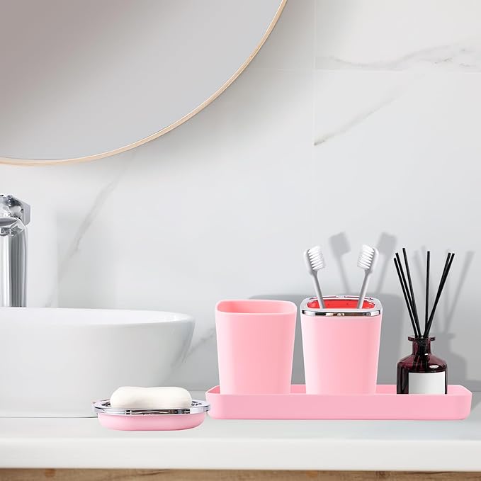 Pink Bathroom Accessory Set, Plastic Bathroom Set with Tray, Soap Dispenser, Toothbrush Holder, Toothbrush Cup, Soap Dish, Toilet Brush, Trash Can and Q-tip Holders for Bathroom/Housewarming