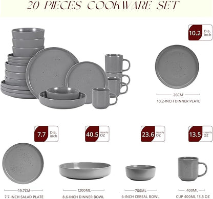 HomeVSS 20-Piece Dinnerware Set - Serves 4, Matte Grey Glaze plates and bowls sets with Speckle Effect for Microwave & Dishwasher Safe