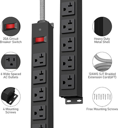 HEZI 20 Amp Power Strip with 5-20P/T- Plug, Heavy Duty High Amp Metal Surge Protector, Mountable Industrial Power Strip with 6AC Outlets(5-20R) and Circuit Breaker, 10FT 12AWG Extension Cord