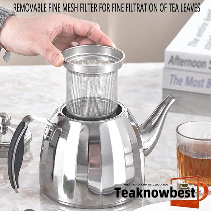Stainless Steel Tea Pot with Removable Infuser - Loose Leaf Tea Maker, Home & Kitchen Teapot - Large 67.6 oz, Stovetop Safe Teapot for Tea/Coffee, Mirror Finish (2000ml)