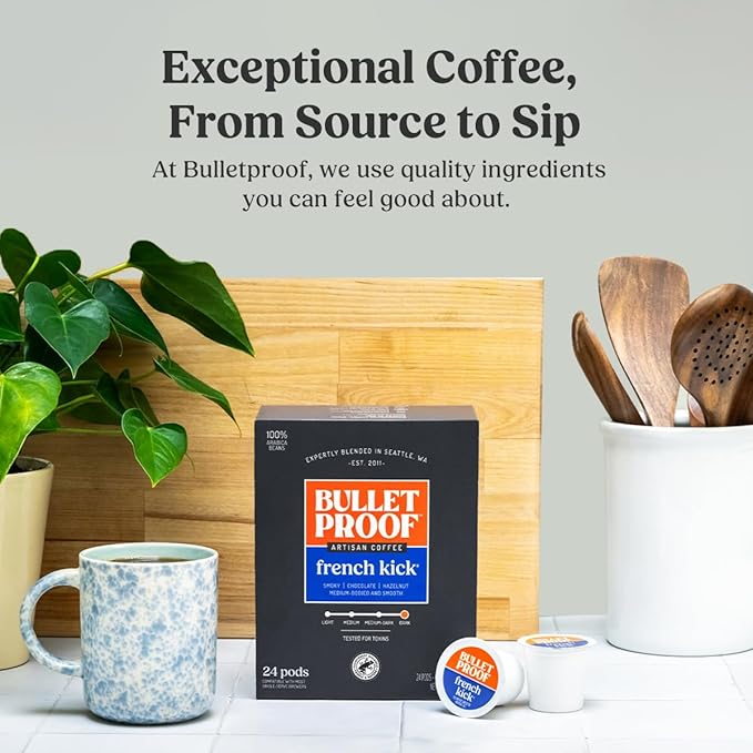 Bulletproof French Kick Dark Roast Single Serve Pods, 24 Count, 100% Arabica Coffee, Clean Coffee Tested for Toxins, Packaging May Vary