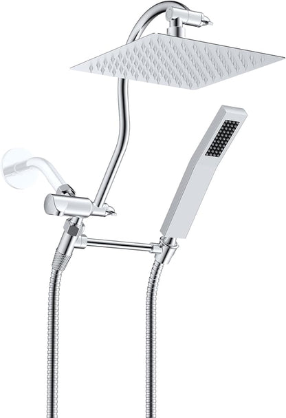 Hibbent All Metal Shower Head, 8'' High Pressure Rainfall Shower Head, Showerhead Combo, Handheld Shower Wand, 12'' Adjustable Curved Shower Extension Arm, 71'' Hose, Shower Head Holder, Chrome