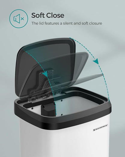 SONGMICS Kitchen Trash Can, 13 Gallon (50 L) Stainless Steel Garbage Can, with Stay-Open Lid and Step-on Pedal, Soft Closure, Tall, Large and Space-Saving, White and Black ULTB530W50