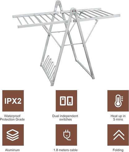 Electric Heating Clothes Drying Rack,Foldable Clothes Drying Rack,Suitable for Drying Clothes, Shoes and Socks.Plug & Play,Silvery Gray,Aluminum Alloy,One-Click Switch(39.37×52.56×25.98in)
