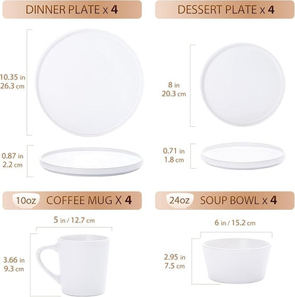 Plates and Bowls Sets for 4 - CJDC-QUELO 16 Piece Stoneware Dinnerware Sets with Mugs, Ceramic Dishware Sets for Kitchen Dining Use, Chip and Scratch Resistant Microwave Dishwasher Safe, White