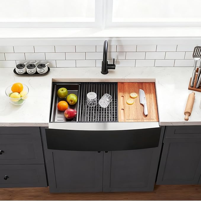 Black Farmhouse Sink 33 Inch - COMLLEN 33x22 Apron Front Farmhouse Kitchen Sinks 16 Gauge Stainless Steel Undermount Ledge Workstation Deep Single Bowl Luxury Rustic Farm Sinks with All Accessories