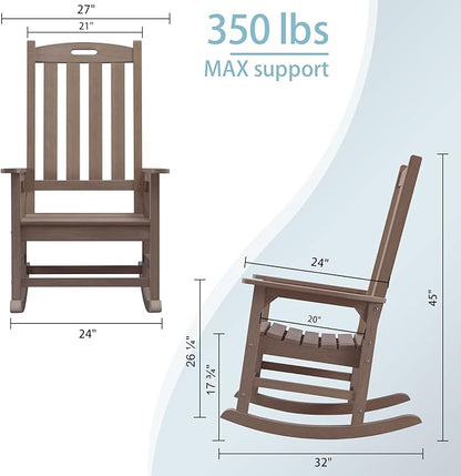 Psilvam Oversized Outdoor Rocking Chair, with 21" Wide Seat and 32" Tall Backrest, Pre-Assembled with Most Components for Effortless Installation (Brown)