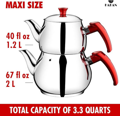Hakan Stainless Steel 3.2 L, 107 Oz, Maxi Double Bondy Tea Pot Set with Self Strainer Double Lids, Turkish Samovar Style Teapot Set, Tea Kettle for Loose Leaf Tea with Red Bakelite Handle 3.3-Quart