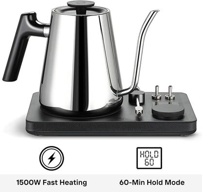 Lafeeca DJ Electric Gooseneck Kettle for Pour Over Coffee & Tea - Water Boiler - Turntable Design - Quick Heating & Temperature Control - Stainless Steel