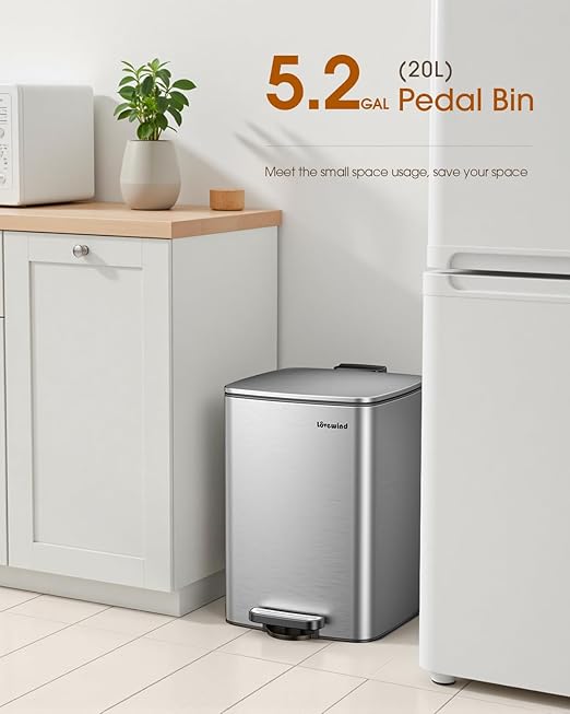 Lovewind Kitchen Trash Can with Lid, 5.2 Gallon/20 L Footstep Garbage Can for Kitchen Bedroom Home Office, 20 Liter Trash Bin Brushed Stainless Steel Waste Bin with Soft-Close Lid,Silver
