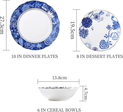 Exquisite ceramic tableware 3 Piece Bone China Modern Round Dishes Sets,Dinnerware dishset for Kitchen,Dinner Plate,Dessert Plate,Soup Bowl,Blue flowers