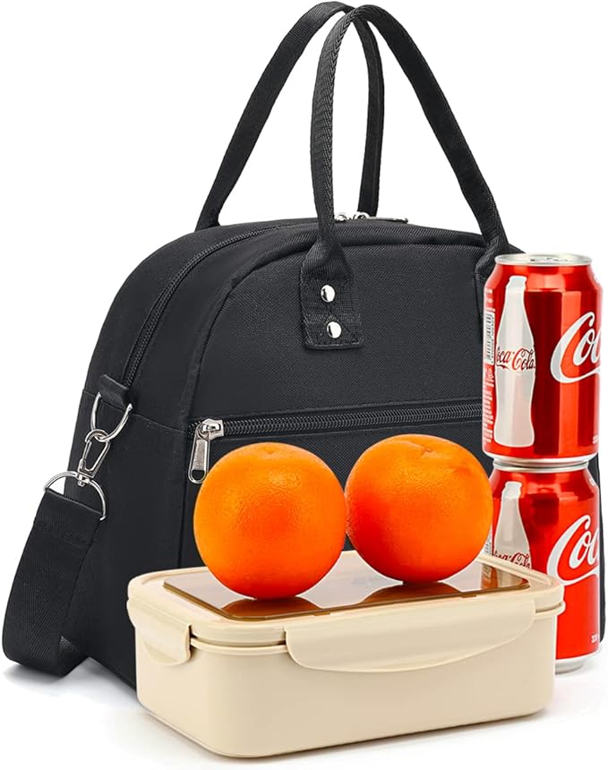 FlowFly Insulated Lunch Bag With Shoulder Strap for Women, Men, and Kids, Large and Reusable, Handle, Freezable Work and School Travel Tote and Meal Prep Organizer (Black)