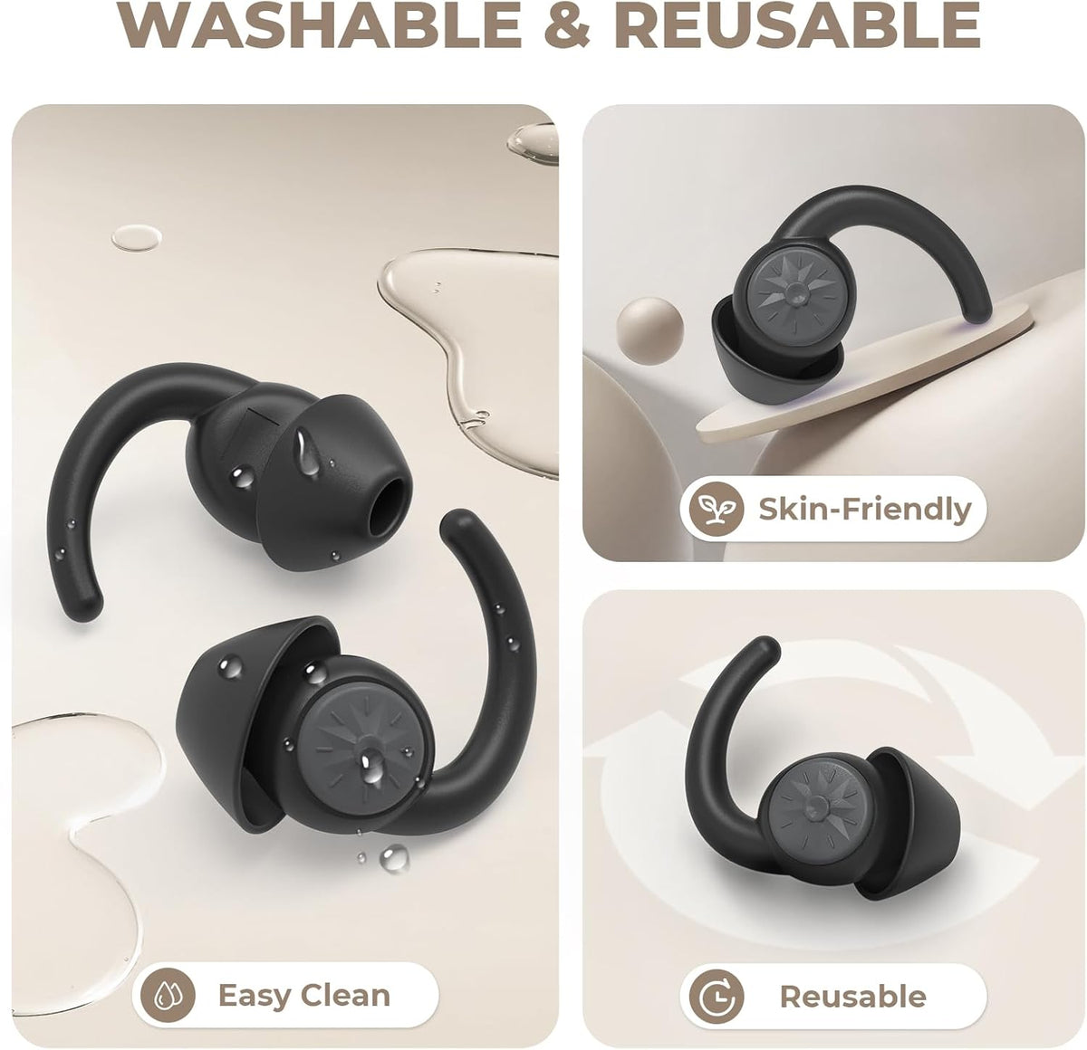 Ear Plugs for Sleeping: Reusable Earplugs for Sleep, Snoring Blocking, Concert, Travel, Airplane, 2 Pairs Washable Soft Silicone Noise Cancelling Ear Plugs (Black)