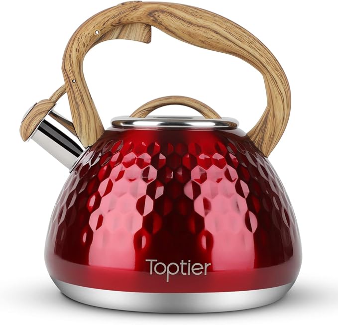 Tea Kettle, Toptier Teapot Whistling Kettle with Wood Pattern Handle Loud Whistle, Food Grade Stainless Steel Tea Pot for Stovetops Induction Diamond Design Water Kettle, 2.7-Quart Red